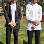 Senior Boys' Uniform: White Shirt and Pants Option. Jacket on and off