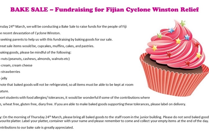 BAKE SALE – Fundraising for Fijian Cyclone Winston Relief